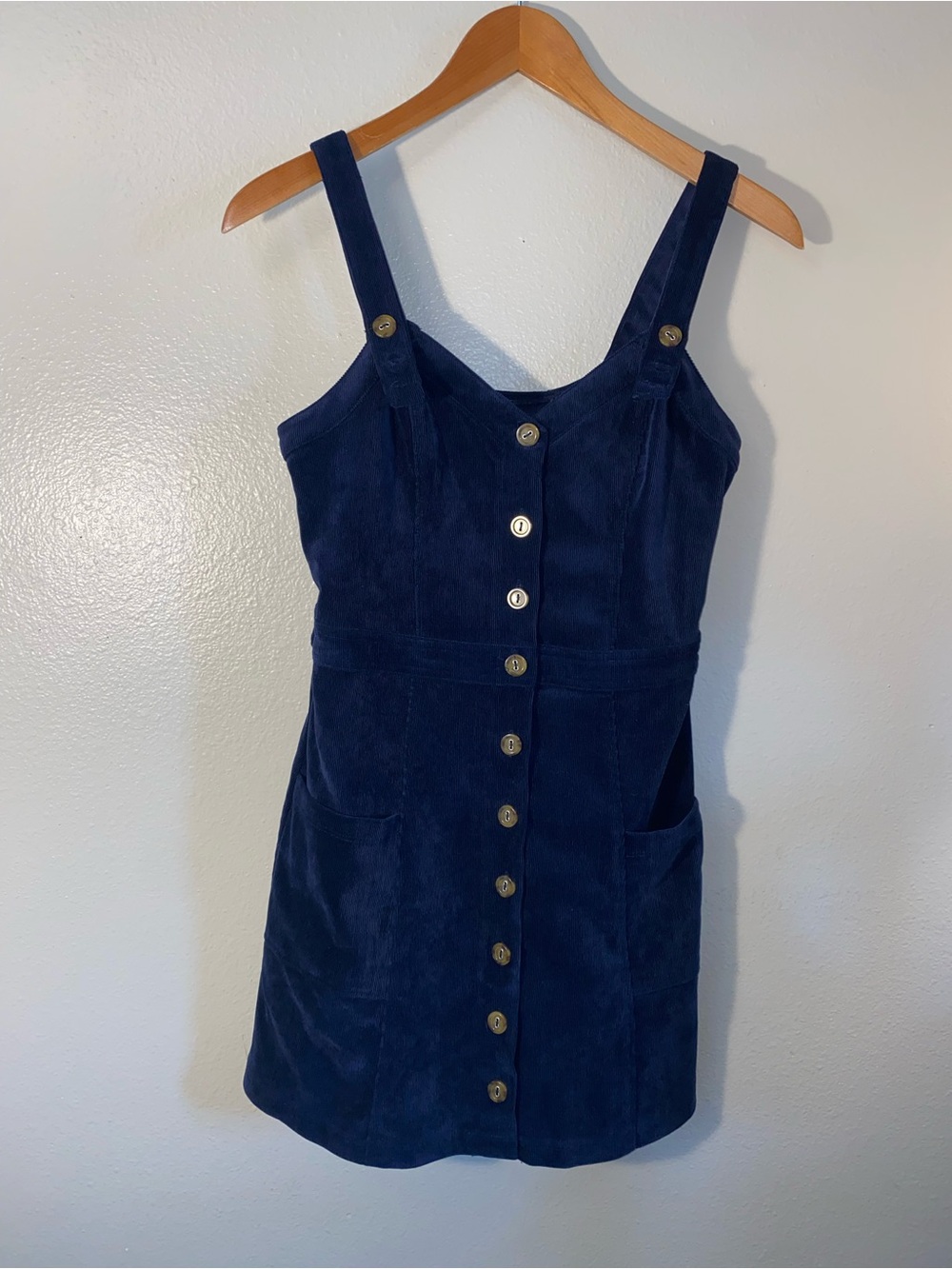 Hollister Navy Blue Corduroy Button Front Mini Jumper Dress Pinafore Size S